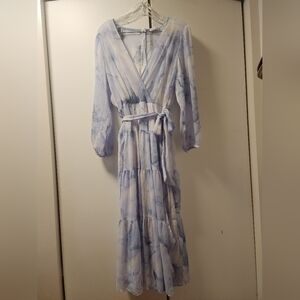 Calvin Klein Chiffon Watercolor Blue Dress Wedding Guest Dreamy 16 XL
